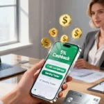 a woman holding a smartphone with cashback app