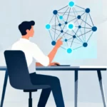 a man handling a floating AI avatar