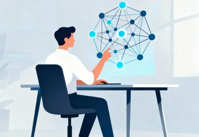 a man handling a floating AI avatar