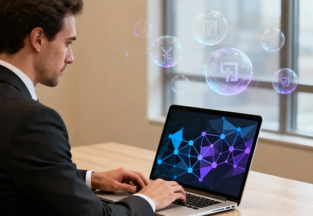 a man looking at his laptop screen with crypto icons