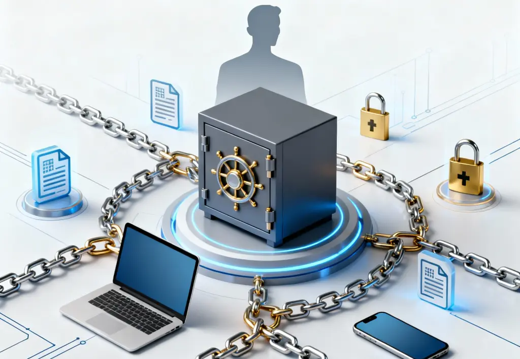 a safe surrounded by chains and locks