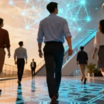 people walking in a futuristic environment