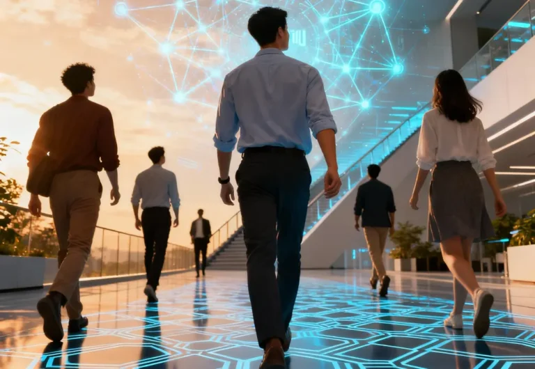 people walking in a futuristic environment