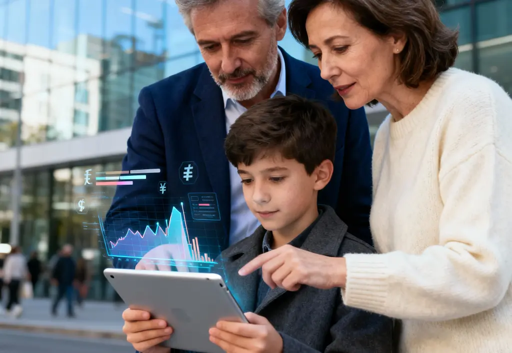 parents with their son looking at a tablet