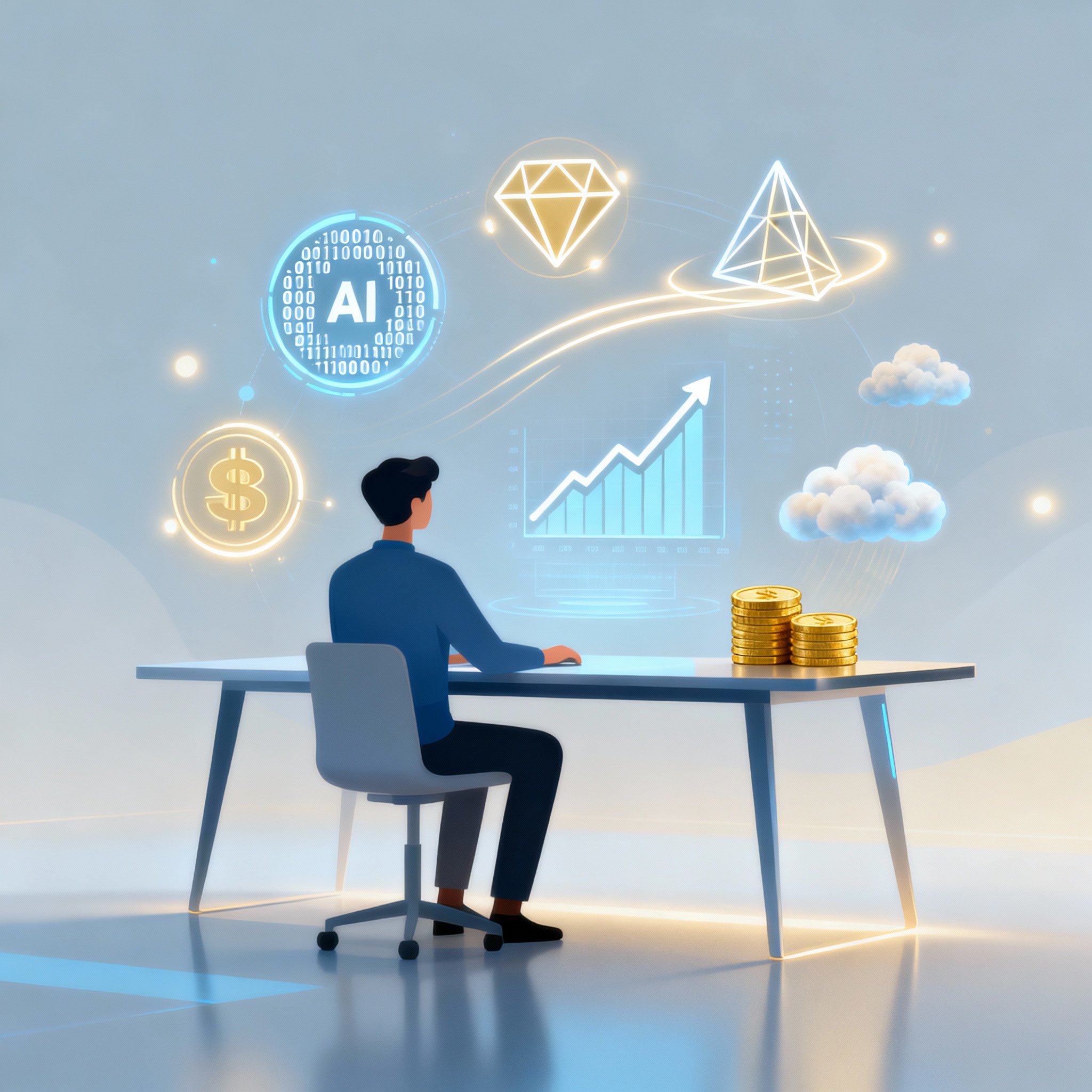 A futuristic yet minimalist illustration showing a person sitting at a desk