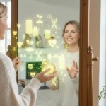 woman doing affirmations in front of a mirror