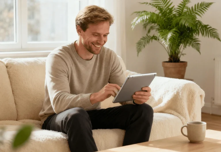 young man looking at tablet